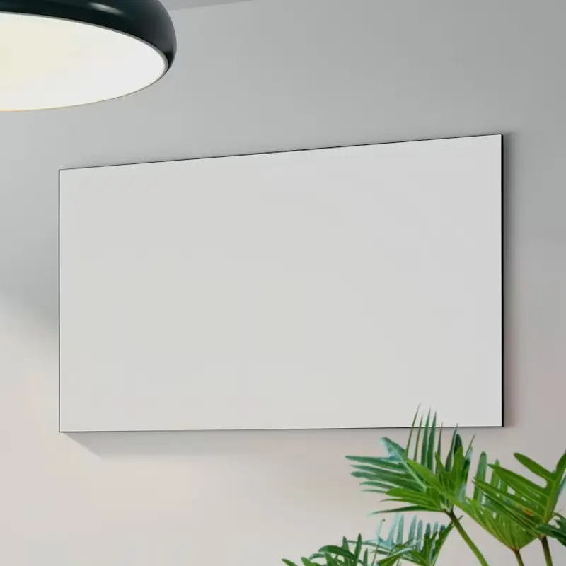 A blank whiteboard on an office wall beside a leafy plant